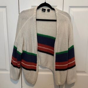 Quiksilver off white Open-Front Cardigan with Navy, Green and Red Stripes